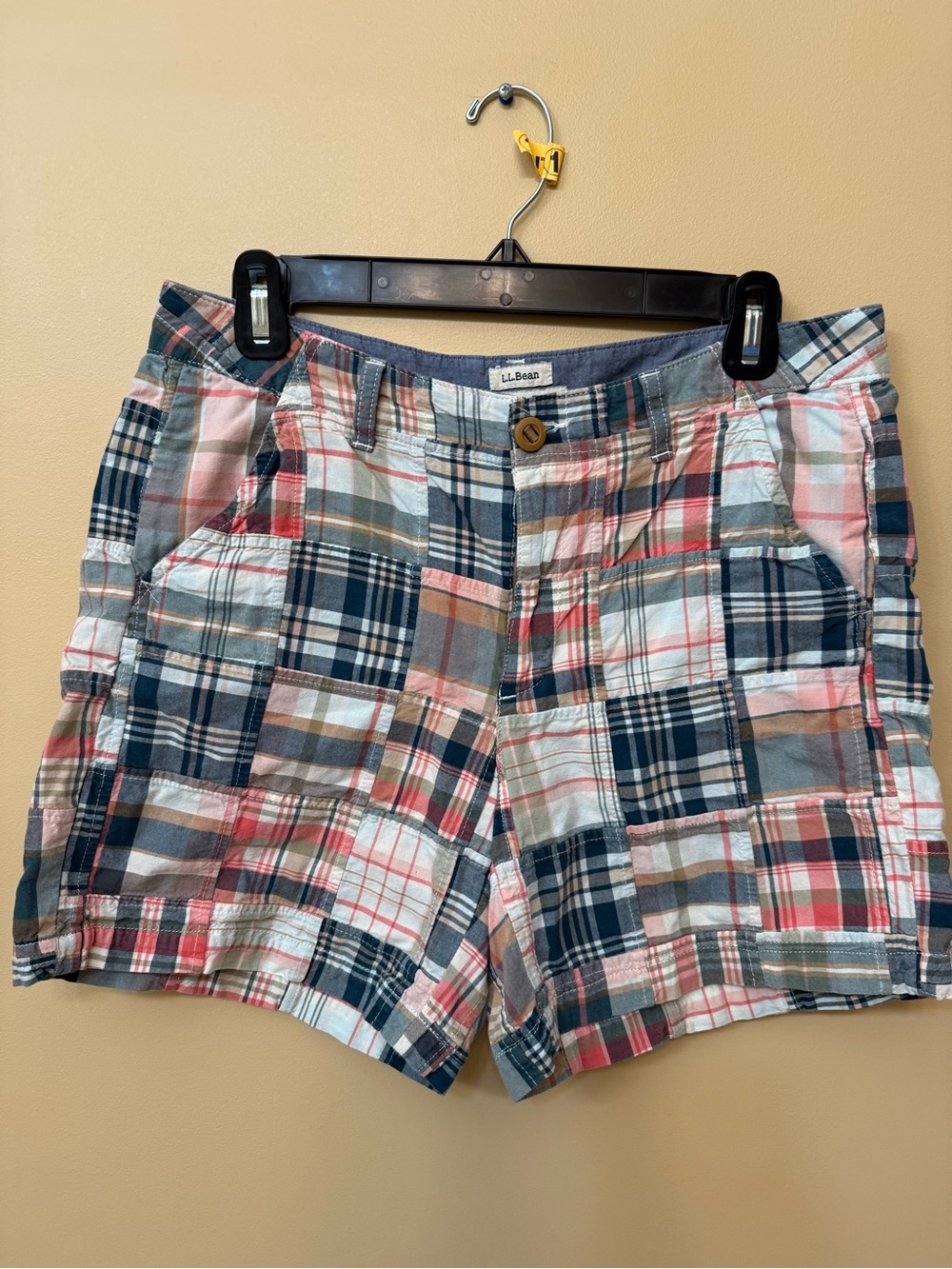 L.L. Bean Women's Plaid Patchwork Shorts - Navy, Pink & Cream